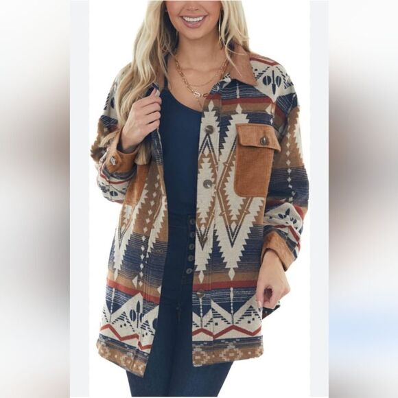 Western Shaket Sweater Jacket Tribal Aztec Print brown black buttondown L - Picture 6 of 13
